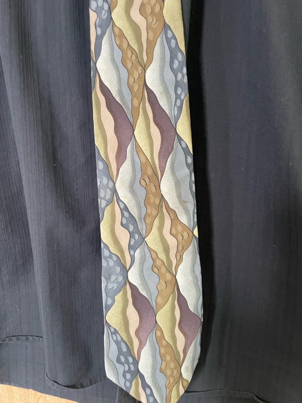 J. Garcia Olive, Brown and Gray Wavy Pattern Silk Tie
